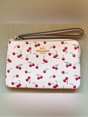 Coach Cherry Print White Leather Wristlet with Gold Logo